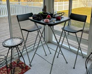 Tall Collapsable & Portable Plastic Table w/ Two Chairs, Rolled Mat, Iron, Glass, & Stone Plant Stand…