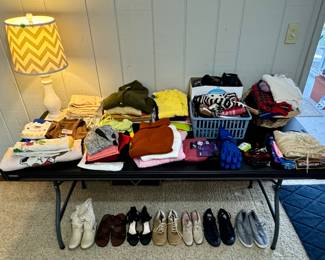 Clothes, Scarves, Vintage Belts, Gloves, Shoes, Boots, and a Table Lamp
