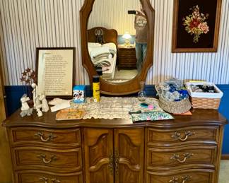 Beautiful Dresser & Mirror, Scarves, Needlepoint Wall Art, Christmas Decor