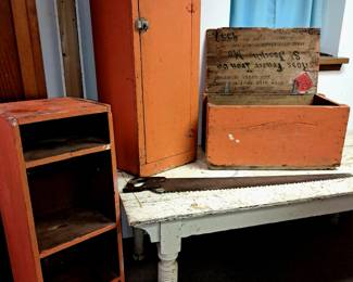 Painted primitive cabinets and shelves