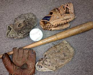 Vintage leather baseball/softball bat and gloves