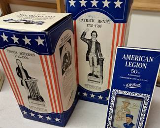 Vintage decanters in boxes. McCormick Distilling Co. "The Patriots" and J. W. Gant "American Legion 50th Anniversary" decanters in box