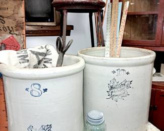 Stoneware crocks. 8 gal. Western Stoneware Co. and 10 gal. Monmouth Pottery Co. plus other stoneware