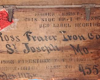 "Ross Frazer Iron Co. St. Joseph, Mo" primitive box As Is lid. Thank you again for attending our sales!! Randy and Donna Klein and The Pen and Pencil Team