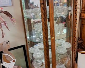 Lighted oak curved glass display cabinet w/ glass shelves