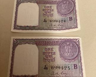 MSS134 Two Government Of India 1 Rupee Currency Notes