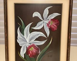 MSS080 Framed Vintage Original Painting Of Orchids