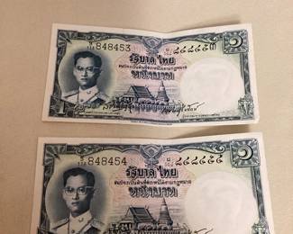 MSS131 Two Thai 1 Baht Currency Bills 