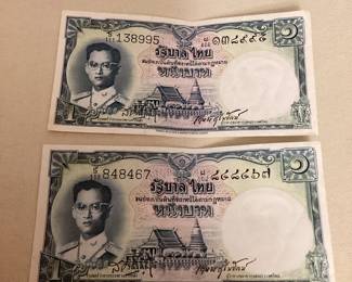 MSS129 Two Thai 1 Baht Currency Bills 