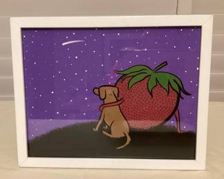 MSS166 Framed Picture Of Star Gazing Dog & Strawberry 