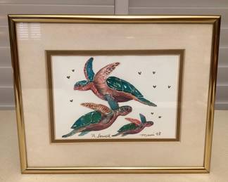 MSS083 Framed & Matted Original Painting Of Honu Turtles