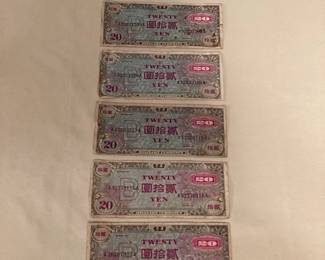 MSS142 Five Japanese 20 Yen Military Currency Notes