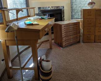 Oak standing vintage desk, vintage flatfile, and oak file cabinets