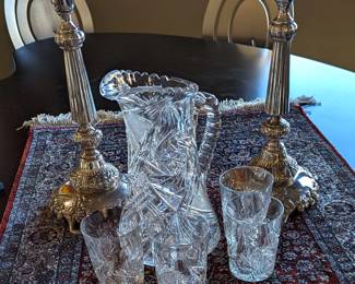 Silver plate, brilliant cut  glass lemonade set.  Chinese rug