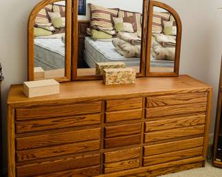 Nine Drawer Oak Dresser w/ Bi-fold Mirror