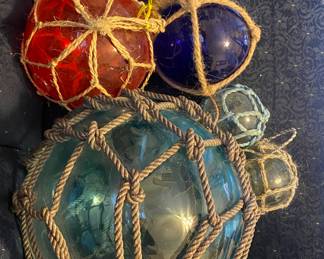 Japanese Large Glass Fishing Float Buoy Ball Net Vintage Blue-  Small green, red, blue