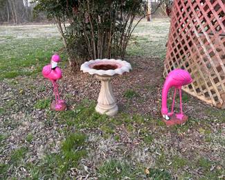 Flamingos and birdbath