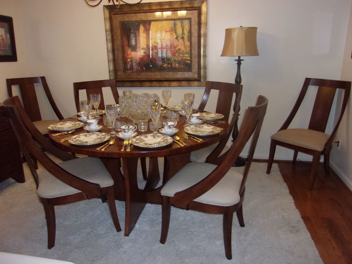 DANISH Style Round Table w/Lazy Susan in Center of Table, 6 Matching Chairs, Wooden Floor Lamp