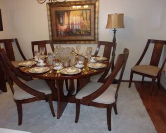 DANISH Style Round Table w/Lazy Susan in Center of Table, 6 Matching Chairs, Wooden Floor Lamp