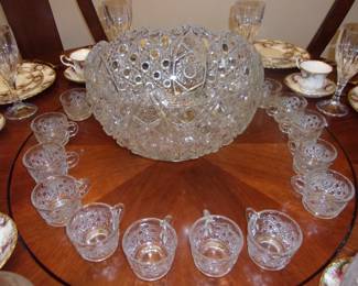Vintage Crystal Punch Bowl, Cups, Glass Stirrer