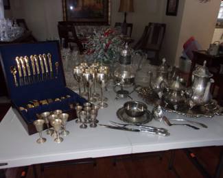 Gold Flatware in Case, Silver Plate Goblets, Cordials, Coffee/Tea Service on Tray