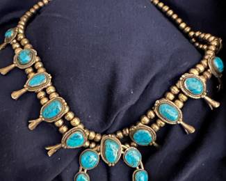 Beautiful vintage Squash Blossom necklace with turquoise probably from a now-closed mine.  There will also be a selection of other sterling silver pieces.