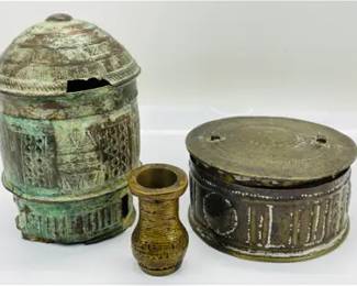 Three Akan Tribal Brass African Containers Forowa Boxes and a Dan Snuff Mortar
