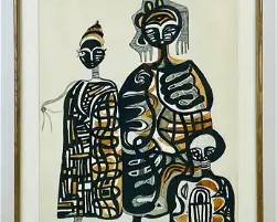 Diatta Seck Framed Original Contemporary African Art Watercolor Gouache Painting 1982
