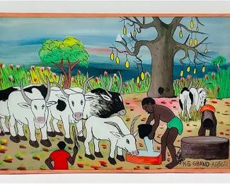 African Artist Signed Reverse Glass Painting from Senegal African Tribal Art
