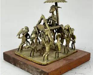 Old Akan African King w/Attendants Brass Tribal Group Figurine
