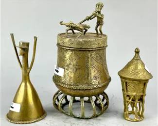 Two Old Ashanti Bronze Kuduo Gold Dust Vessel Lidded Boxes plus Bell
