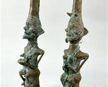 Two Antique Nigerian Yoruba Brass and Iron Figural Hand Bells
