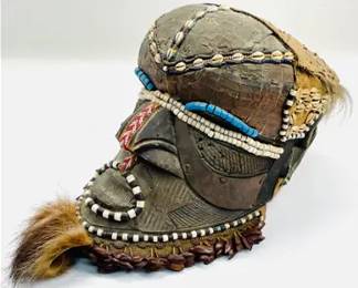 Kuba Bushoong Tribal Carved Wood and Beads African Bwoon Helmet Mask w/Copper #1
