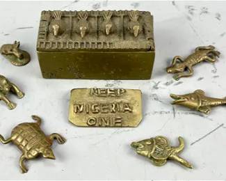 Old Akan Brass Animal Figure Gold Weights, Box, and KEEP NIGERIA ONE Badge
