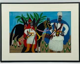 Modou Fall African Reverse Painting on Glass Senegal Tribal Horseman
