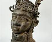 Antique African Benin King Portrait Head Bronze Tribal Statue Nigeria
