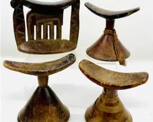 African Carved Incised Wood Tribal Headrest Conical Base Kaffa Ethiopia Lot of Four
