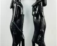 Pair African Carved Black Ebony Hardwood Flat Wall Male and Female Sculpture Kenya
