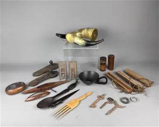 Twenty-Two Miscellaneous Pieces of African Tribal Artifacts Wood Bronze Etc
