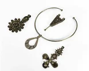 Four Old African Tuareg Tribal Silver Alloy Necklace and Pendants
