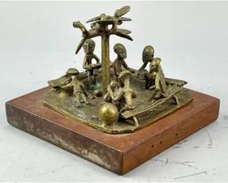 Old Akan Brass Group Figurine African Tribal Elders Gathering under a Tree
