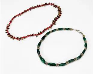 Beaded Necklace Pair from India- Silver and Malachite/Brass and Red Glass
