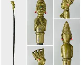 Old Akan Figural Cast Brass African Tribal Elders Walking King Stick Cane
