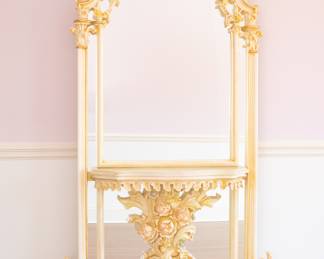 Italian Rococo Baroque Capodimonte French Provincial Style Mirrored Console Table Accent Piece (52.5" Wide x 89" Tall x 12.5" Deep Interior Dimension of Mirror 26 1/4” Wide x 34 x 46 3/4” Tall — Shelf 35 3/4” Tall)