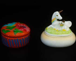 Vintage Unicorn Trinket Box Jewelry Mom and Baby Rainbow Porcelain
