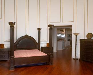 American Signature&nbsp;King Size Bedroom Set — 6 Pieces — 4-Poster King Bed (88.5" Wide x 87.5" Tall x 97.5 Long. Foot Board is 21" Tall.&nbsp;Side Boards are16 1/4" Tall.&nbsp;Headboard is 67.5" Tall)
American Signature Pair of 2 Marble Topped Nightstands (35” Wide x 19" Deep x 31.5" Tall)
American Signature&nbsp;Marble Top Dresser w/ Mirror (Overall 96" Tall. Dresser is&nbsp;39" Tall&nbsp;x 20" Deep x 74” Wide. Mirror is 54" Tall x&nbsp;51.5” Wide ),
American Signature&nbsp;Marble Top Chest of Drawers (44” Wide x 20" Deep x 57" Tall)
