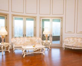 Italian Baroque Style Sofa (83.5" Wide x 35 3/4" Tall x Inside the Seat 66.5” x 22”)
Italian Baroque Style Loveseat (61.5” Wide x 34" Deep x 35.5" Tall (Inside 43” Wide x 22” Deep)
Italian Baroque Style 2 End Tables (24” x 24” Cultured Marble Top is 23” x 24”. End Table is 23" Tall)
Italian Baroque Style Matching Coffee Table (50 1/4" Wide x 24 1/4" Deep x 20 1/4" Tall)