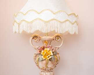 Vintage Set of 2 Capodimonte Floral Table Lamps with Small Pink and Yellow Roses — French Provincial Baroque Italian Style Home Lighting Bedside Lamps