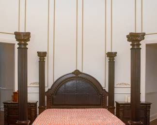 American Signature&nbsp;King Size Bedroom Set — 6 Pieces — 4-Poster King Bed (88.5" Wide x 87.5" Tall x 97.5 Long. Foot Board is 21" Tall.&nbsp;Side Boards are16 1/4" Tall.&nbsp;Headboard is 67.5" Tall)
American Signature Pair of 2 Marble Topped Nightstands (35” Wide x 19" Deep x 31.5" Tall)
American Signature&nbsp;Marble Top Dresser w/ Mirror (Overall 96" Tall. Dresser is&nbsp;39" Tall&nbsp;x 20" Deep x 74” Wide. Mirror is 54" Tall x&nbsp;51.5” Wide ),
American Signature&nbsp;Marble Top Chest of Drawers (44” Wide x 20" Deep x 57" Tall)
