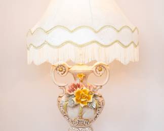 Vintage Set of 2 Capodimonte Floral Table Lamps with Small Pink and Yellow Roses — French Provincial Baroque Italian Style Home Lighting Bedside Lamps